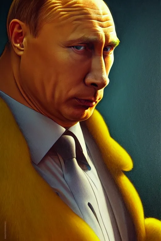 Image similar to vladimir putin as a yellow funny homer simpson, realistic portrait, symmetrical, highly detailed, digital painting, artstation, concept art, smooth, sharp focus, illustration, cinematic lighting, art by artgerm and greg rutkowski and alphonse mucha