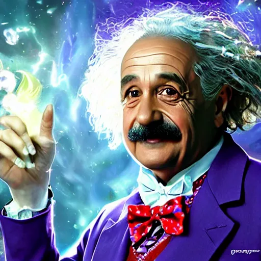 Image similar to portrait of albert einstein as willy wonka, league of legends amazing splashscreen artwork, fantasy, splash art, natural light, elegant, photorealistic facial features, intricate, fantasy, detailed face, atmospheric lighting, anamorphic lens flare, cinematic lighting, league of legends splash art, hd wallpaper, ultra high details by greg rutkowski