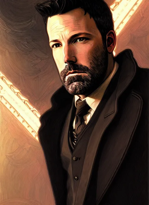 Image similar to portrait of ben affleck, volumetric lights, feast, music notes, art nouveau botanicals, gothic, intricate, highly detailed, digital painting, artstation, concept art, smooth, sharp focus, symmetric face, illustration, steampunk, art by artgerm and greg rutkowski and alphonse mucha