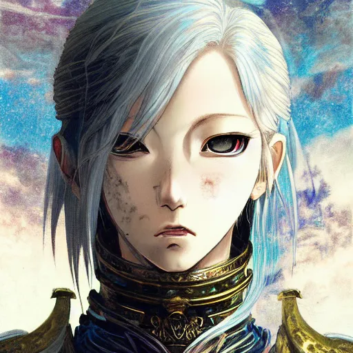 Image similar to renaissance oil portrait, blurry and dreamy yoshitaka amano style illustration, realistic anime girl with white hair and black eyes, elden ringstyle armor with engraving, highly detailed, ruined throne room in the background, strange camera angle, three - quarter view, noisy film grain effect