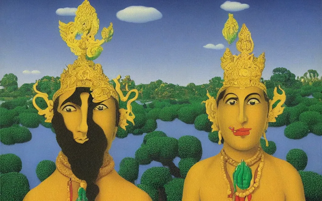 Prompt: hindu god gashi in golden meadow, detailed painting by rene magritte