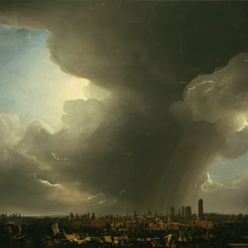 Image similar to a tornado made of dollar bills with dark clouds and city in the background by Ansel Adams and Bernardo Bellotto, oil on canvas, artstation, dramatic scenery, masterpiece, aesthetic