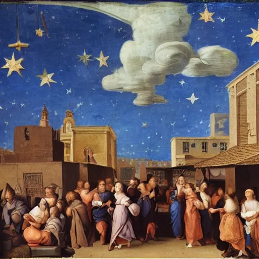 Prompt: a city market and the blue sky with clouds and stars and clouds for a man, and a woman wearing a pomade, in the style of a renaissance painting