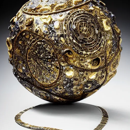Prompt: a scintillating cosmic opulent balenciaga cosmic sephiroth fossil sphere encrusted with fossils and encircled with gilded bands of golden vine filigree