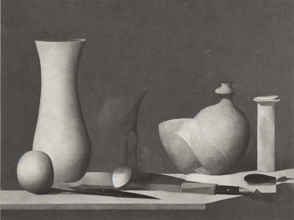 Prompt: Still life with white vase, ceramic pot, dried flower, hand holding a knife, absurd architectural model. Painting by Zurbaran, Karl Blossfeldt, Morandi, Escher