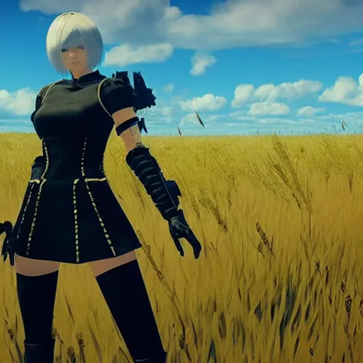 Image similar to russian tank boss fight from nier : automata in yellow rye field under pure blue skies