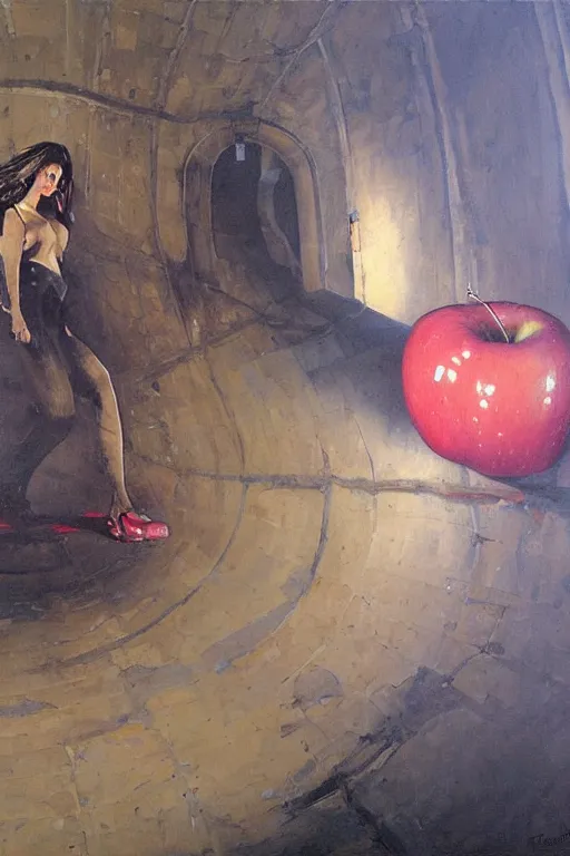 Image similar to A giant apple floating in the undergrounds tunnel, detailed art by Phil hale and Ilya repin