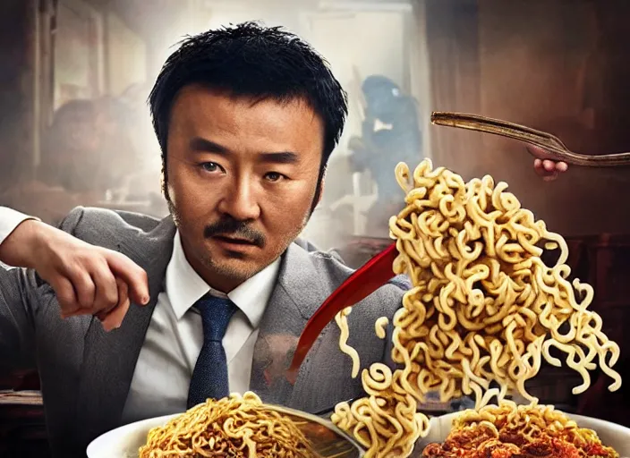 Image similar to a very high resolution image from a new movie, two deer wearing suits are eat instant noodles in a shabby temple directed by zhangke jia