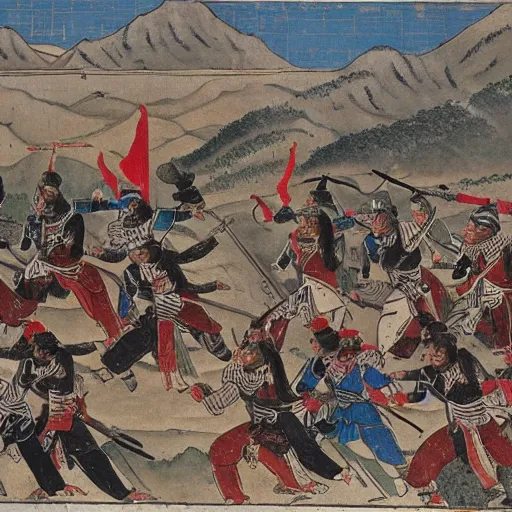 Image similar to Mongol Khan ambushes a column of Song Dynasty soldiers in the mountains