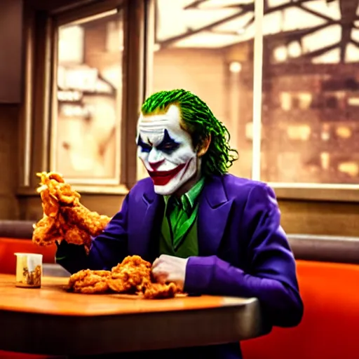 Image similar to cinematic shot of the joker sitting at a table in a popeyes restaurant and biting into a chicken tender, 8 k, very detailed, very intricate,