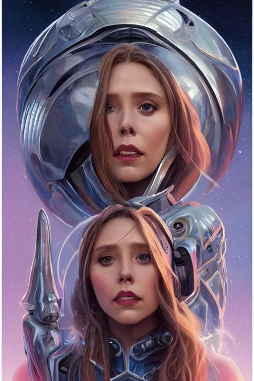 Image similar to young Elizabeth Olsen as a ruggedly beautiful retro SCI-FI space heroine 1985 , intricate, elegant, highly detailed, centered, digital painting, artstation, concept art, smooth, sharp focus, illustration, art by artgerm and donato giancola and Joseph Christian Leyendecker, Ross Tran, WLOP