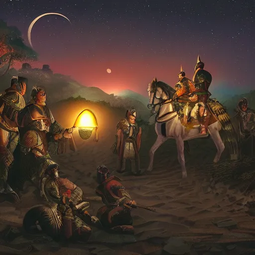 Prompt: A group of armoured Spanish conquistadors holding lanterns on a sandy beach Cove in middle of a magical forest in a dark night. Inca ruins in the background. Pale crescent moon in the sky. detailed digital painting, artstation