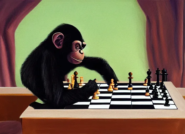 Image similar to a painting of a chimp playing chess in the style of donald roller wilson