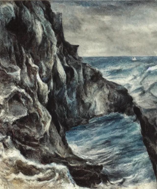 Prompt: photorealistic mixed - media painting of a 1 9 2 5 seiner sailing near a short tropical cliff with the mouth of a sea cave at the waterline, dark, brooding, atmospheric, lovecraft, horror, smooth, epic, highly detailed, cinematic, by emily carr