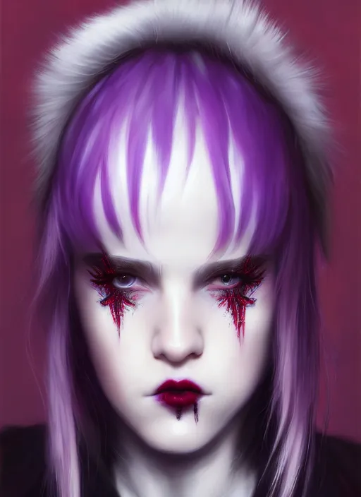 Image similar to portrait of white teenage girl, normal face, white bangs, mall goth, cyberlox, black and white hair, bangs, fluffy bangs, red contact lenses, purple lipstick, intricate, elegant, highly detailed, digital painting, artstation, concept art, sharp focus, smooth, illustration, art by wlop, mars ravelo and greg rutkowski