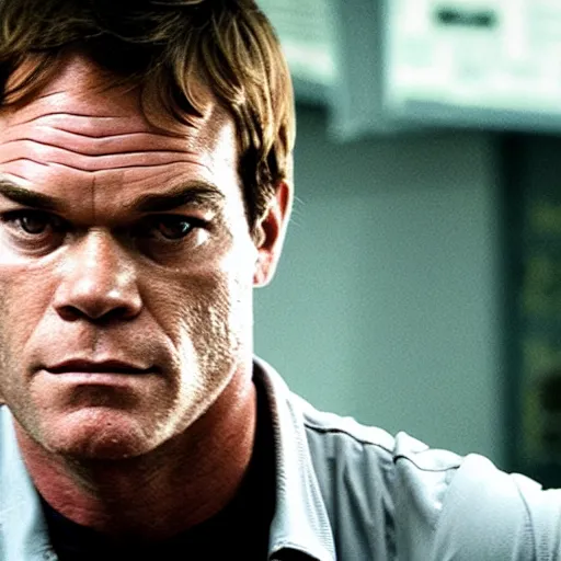 Image similar to dexter morgan as a t - 8 0 0 iconic terminator action movie still