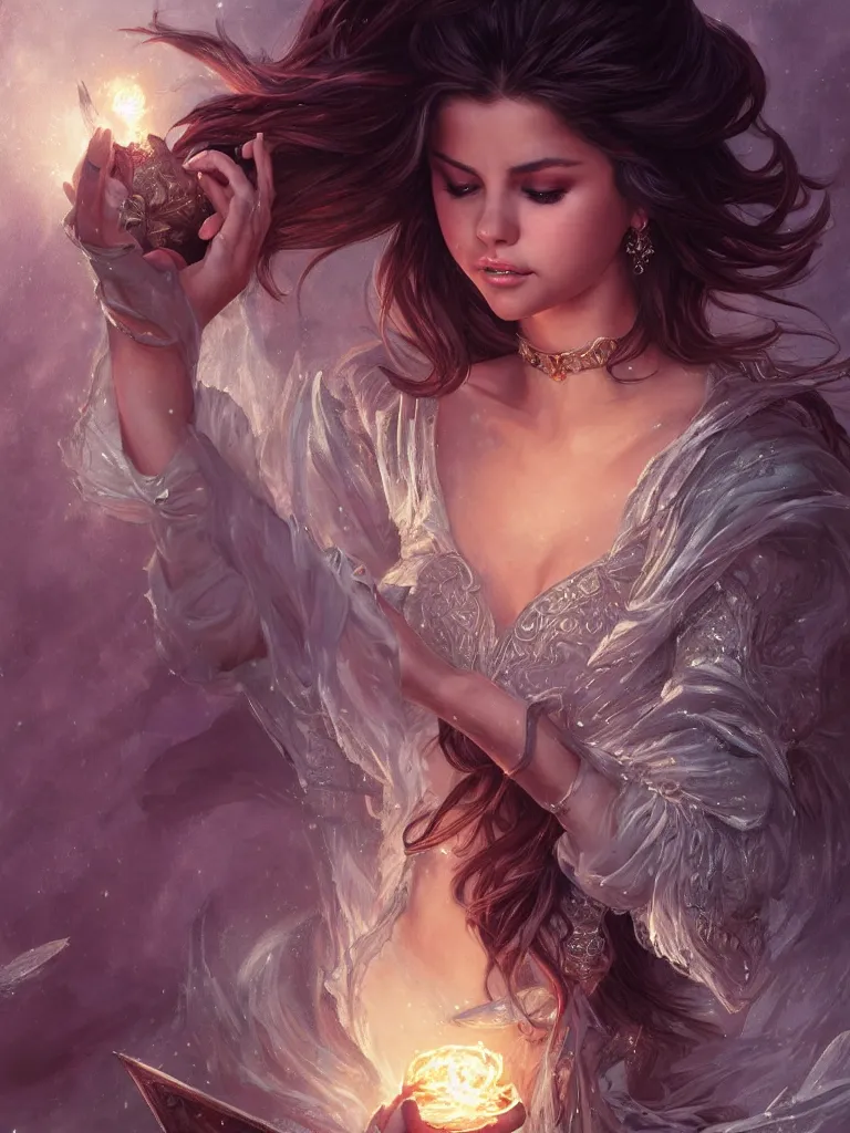 Image similar to Selena Gomez casting an frost spell, D&D, fantasy, intricate, elegant, highly detailed, digital painting, artstation, concept art, matte, sharp focus, illustration, hearthstone, art by Artgerm and Greg Rutkowski and Alphonse Mucha