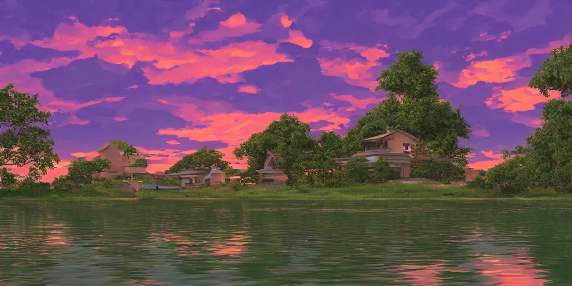 Image similar to a serene landscape with a singular building near a lake at sunset, anime style, 8k, low saturation, high quality, high detail, cartoon