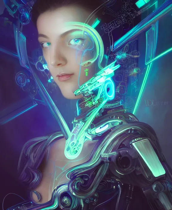 Image similar to a whirlwind of souls rushing inside the metaverse, hologram, half body, neurochip, shaved temple, piercing, jewelry, android, cyborg, cyberpunk face, by loish, d & d, fantasy, intricate, elegant, highly detailed, colorful, digital painting, artstation, concept art, art by artgerm and greg rutkowski and alphonse mucha