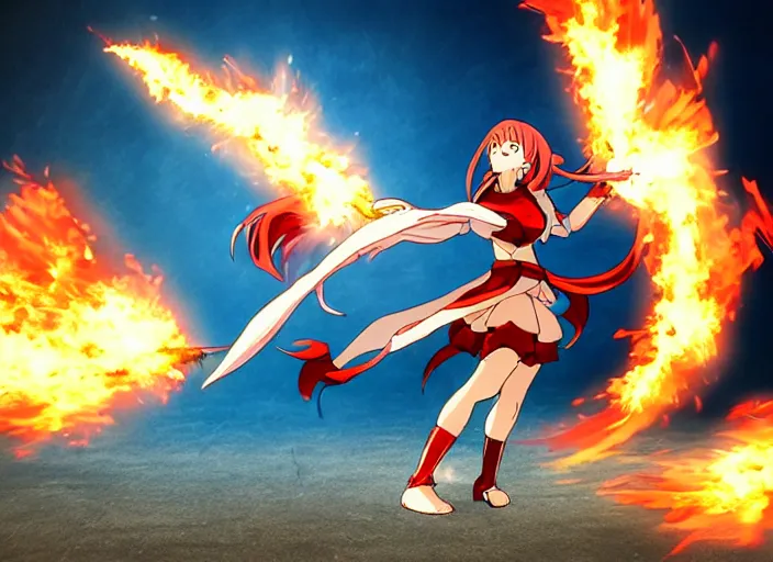 Prompt: in the style of Madhouse studio anime, girl shooting fireballs at a dragon, battle pose