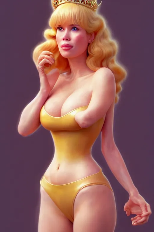 Image similar to polished sweaty princess peach : : claudia schiffer face : : christina hendricks body : : weta disney pixar movie still photo : : hi - fructose, sci fi, fantasy, decadent highly - detailed digital painting, golden ratio, octane render, artstation, smooth, sharp focus, artgerm, mucha, loish, wlop : :