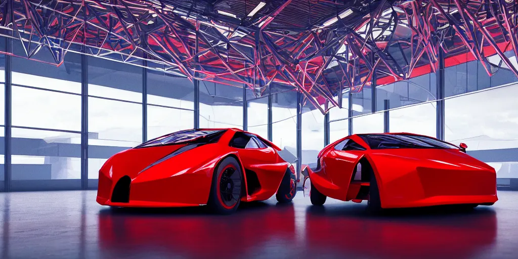 Image similar to kama russian electrocar, inside futuristic hangar, red car, sharp focus, ultra realistic, ultra high pixel detail, cinematic, intricate, cinematic light, unreal engine 8 k