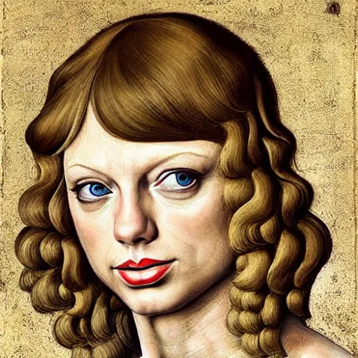 Image similar to taylor swift as gollum, elegant portrait by sandro botticelli, detailed, symmetrical, intricate