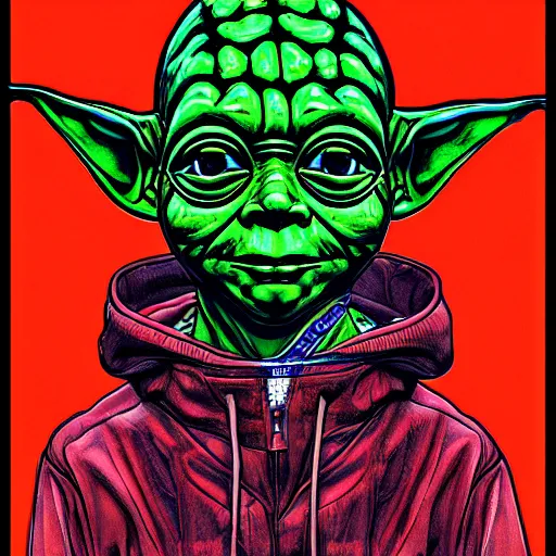 Prompt: a detailed portrait of a fashionable cybernetic yoda wearing a cybergrunge adidas outfit the style of william blake and norman rockwell, kubrick, rembrandt, junji ito undertones, crisp, vibrant color scheme, crisp, artstationhd