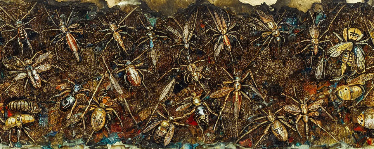 Image similar to strange giant insects, beetles, spiders and flies, swarming in a cornfield, oil painting by max ernst and anselm kiefer, decay, mixed media, textured, sharp focus, highly detailed, photographic emulsion cracked and peeling, rust, cinematic lighting, 8 k, hd