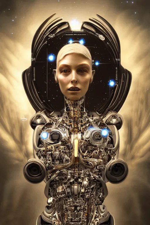 Image similar to a beautiful ultradetailed fine art photo of a cybernetic cyborg angel set against galactic space, by tom bagshaw and zach sutton, portrait, soft backlighting, cybernetic implants on the face, 5 0 mm lens, golden ratio composition, detailed faces, studio lighting, very detailed, mechanical robot neon wings, artstation, 8 k, highly coherent