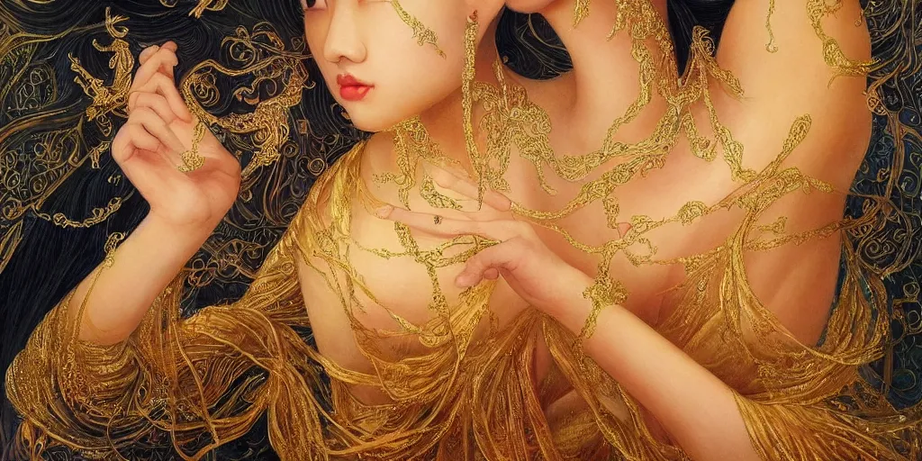 Image similar to asian nymph bald goddess, flowing golden silk twisting with whiten tattoos of cursive sigils on her opalescent skin, fantasy, intricate, very beautiful, elegant, golden light, highly detailed, oil painting by mai xuan thu