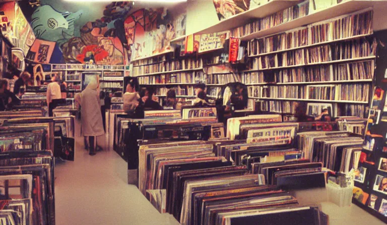 Image similar to A record store designed by Tadanori Yokoo, 35mm film, long shot