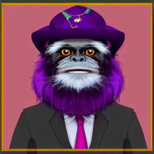 Image similar to digital illustration of a distinguised emperor tamarin monkey wearing a purple suit and a silly hat, deviantArt, artstation, artstation hq, hd, 4k resolution