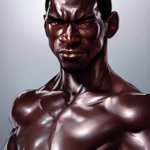 Prompt: wow, fanart hideous muscular black man with white hair and a protruding jaw with visible pectoral muscles, detailed, digital art, artstation, smooth, sharp focus, art by artgerm, greg rutkowski, alphonse mucha