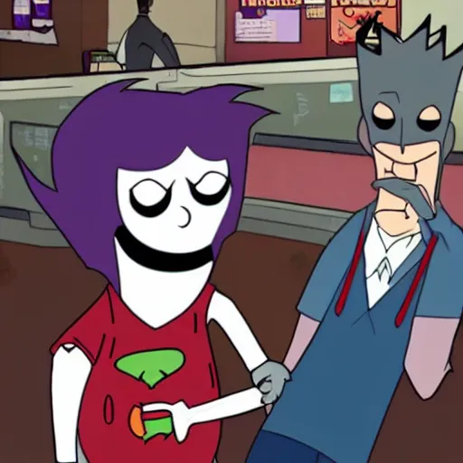 Image similar to Joker from the dark knight working at Bob's Burgers, style of Lauren Bouchard