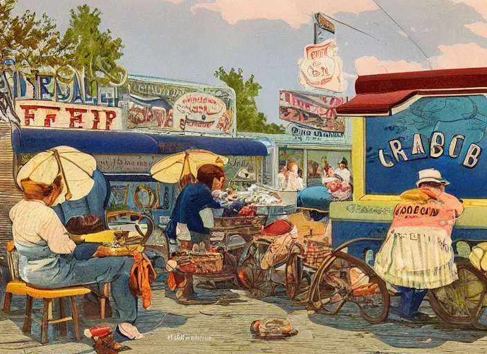 Image similar to storybook illustration of crab sellers, 1 9 5 0 s americana tourism, designed by jean baptiste monge but in lowbrow pop art style, high resolution, fine details, muted colors