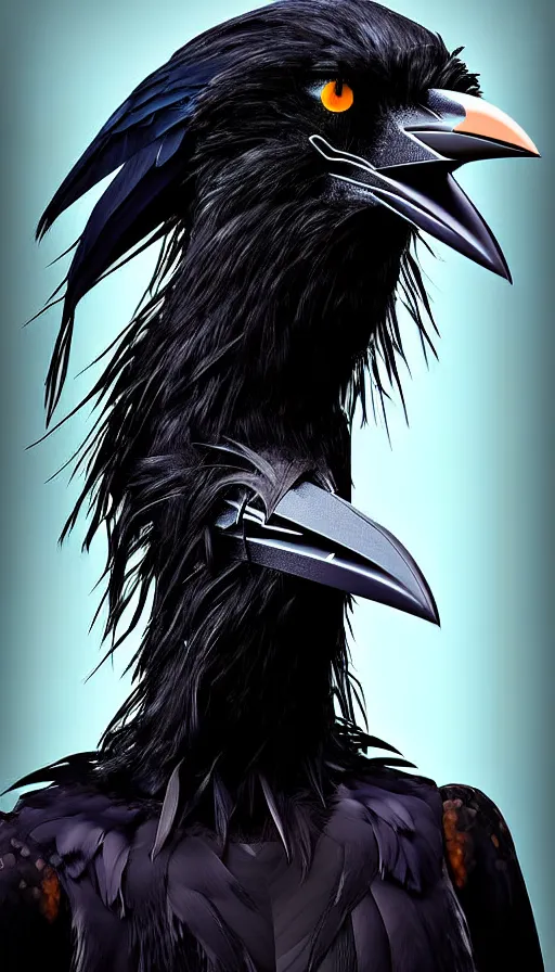 Image similar to epic professional digital portrait art of a human - crow hybrid creature, crow head, crow beak, feathered humanoid torso by bill hillier