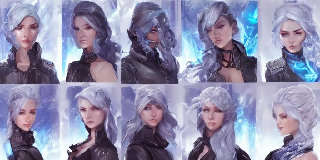 Image similar to concept art of an icy russian female netrunner d & d video game characters head designs, unique hair designs, by marc brunet and artgerm