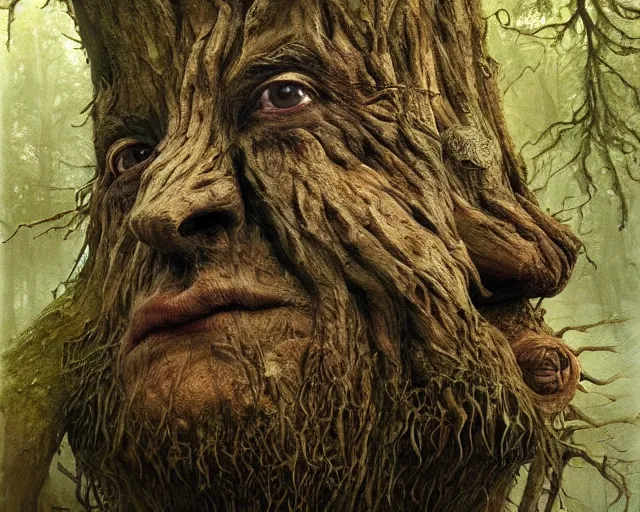 Image similar to a talking tree, a face in the bark, nose made of wood, mouth in the bark, eyes in the bark, fantasy concept art, digital oil painting, hyperrealistic, beautiful, treebeard, ent, magical, highly detailed, very detailed eyes, artstation, cgsociety, in the forest, by alan lee, by artgerm