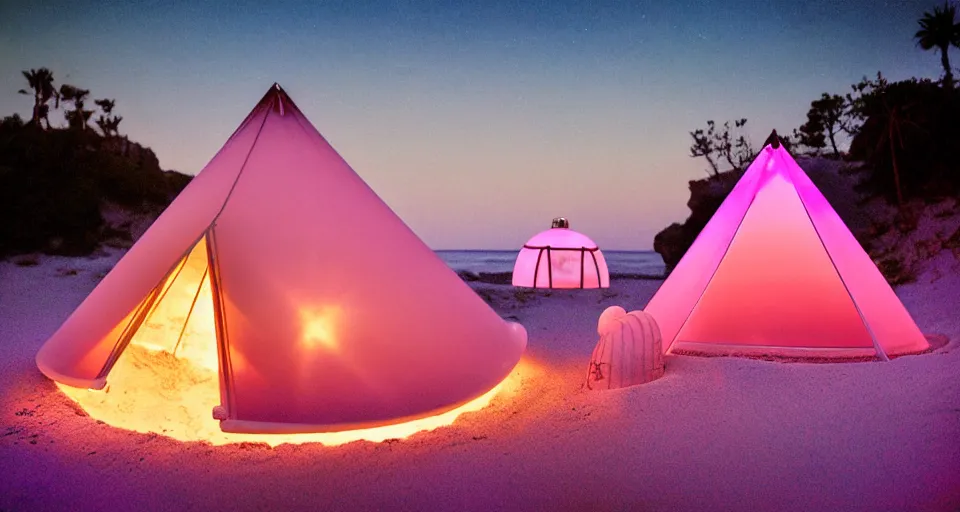 Image similar to a vintage family holiday photo of an empty beach from an alien dreamstate world with chalky pink iridescent!! sand, reflective lavender ocean water, dim bioluminescent plant life and an igloo shaped plastic transparent bell tent surrounded by holiday clutter opposite a fire pit with an iridescence blue flame. refraction, volumetric, light.