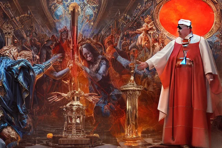 Image similar to the pope shaking hands with the satan in the hell, hyper detailed, orange red blue tones dramatic lighting, cgsociety, realistic, hyper detailed, insane details, intricate, dramatic lighting, hypermaximalist, golden ratio, rule of thirds, octane render, weta digital, micro details, ultra wide angle, artstation trending, 8 k