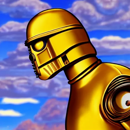 Image similar to full body portrait of Simpson as C3PO in star wars, background blue sky puffy clouds cinematic 4k