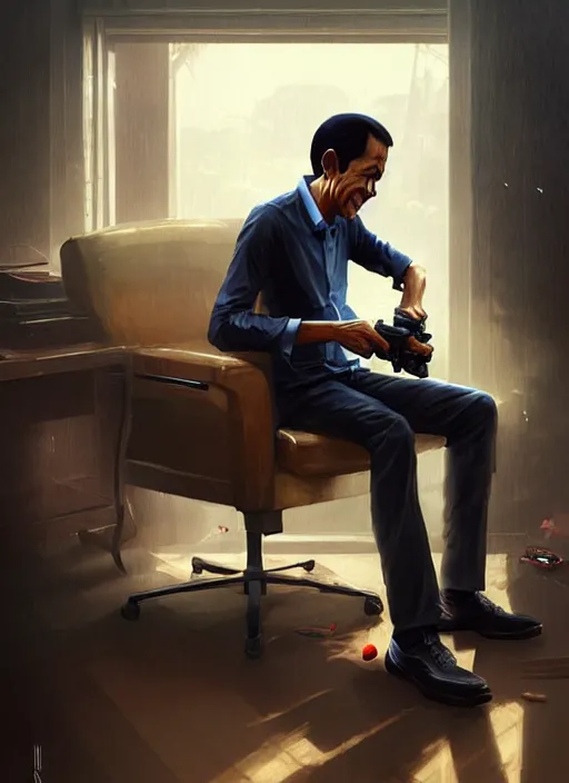 Prompt: portrait of jokowi playing playstation. highly detailed, digital painting, concept art, smooth, sharp focus, illustration, art by greg rutkowski