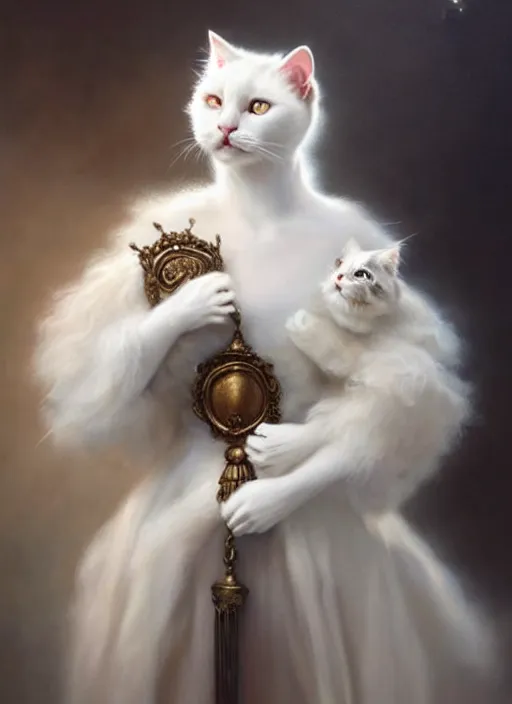 Image similar to a beautiful fluffy white cat with baroque dress, painted by artgerm and tom bagshaw, fantasy art, dramatic lighting, highly detailed oil painting