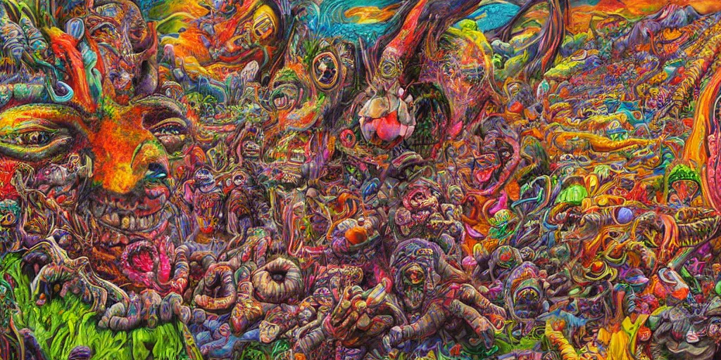 Image similar to a ultra high hyperdetailed painting with complex textures of a group of monsters united within a larger monster, made of candies and psychotropic psychoactive substances psychedelic fulcolor spiritual chaos surrealism horror bizarre psycho art