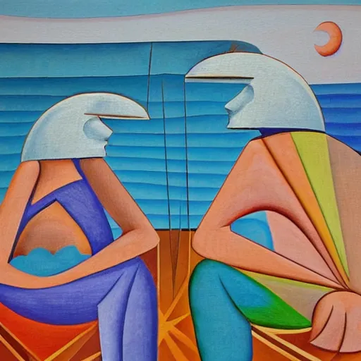 Prompt: two Women weaving the tapestry of life by the ocean as the tide comes in , high quality art in the style of cubism and georgia o’keefe and art deco,