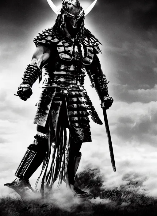 Image similar to movie film poster art for samurai vs predator film staring hiroyuki sanada. in the style of ansel adams, frank frazzetta, warcraft