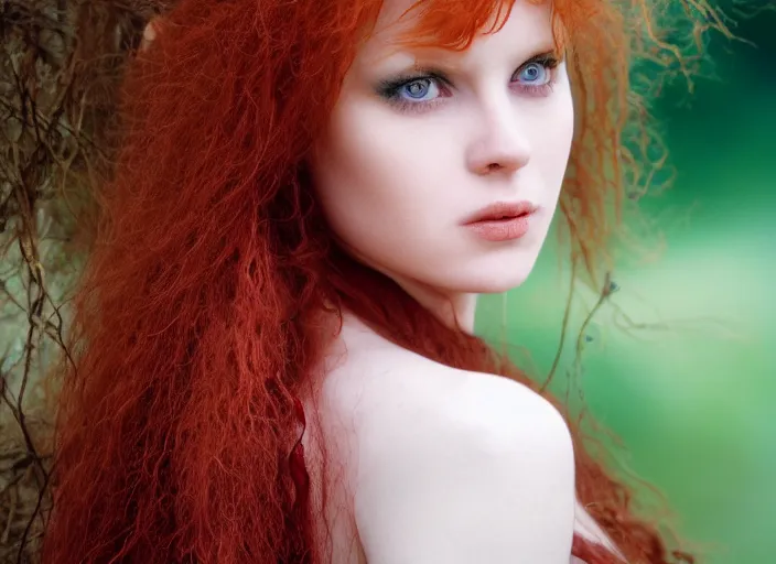 Image similar to award winning 5 5 mm close up face portrait photo of an anesthetic and beautiful redhead woman who looks directly at the camera with blood - red wavy hair, intricate eyes that look like gems, and long fangs, in a park by luis royo. rule of thirds.
