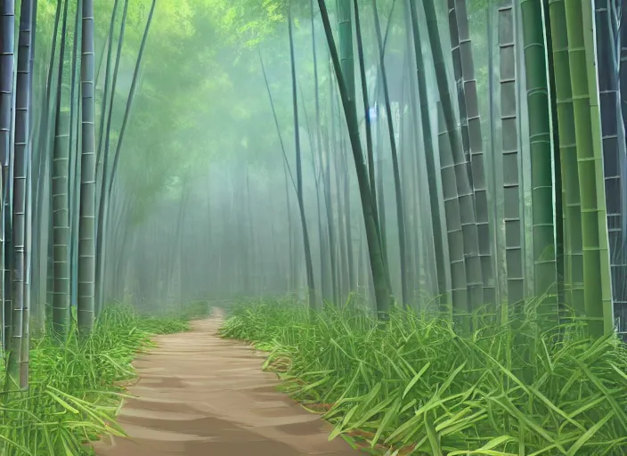 Prompt: deep in a misty japanese bamboo forest, rarely used path, rule of thirds, sunny, cartoony, anime style, soft, mid day, realistic lighting, by ghibli studio, arcane, wild rift, trending on artstation, 4 k, hd