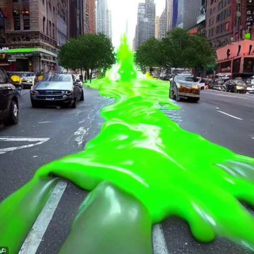 Image similar to photo, a huge amoung of green glowing slime rushes through the streets of new york picking up cars and people